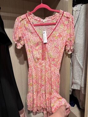 Poupette St. Barth Pink Floral Mini Dress with V-Neck Detail